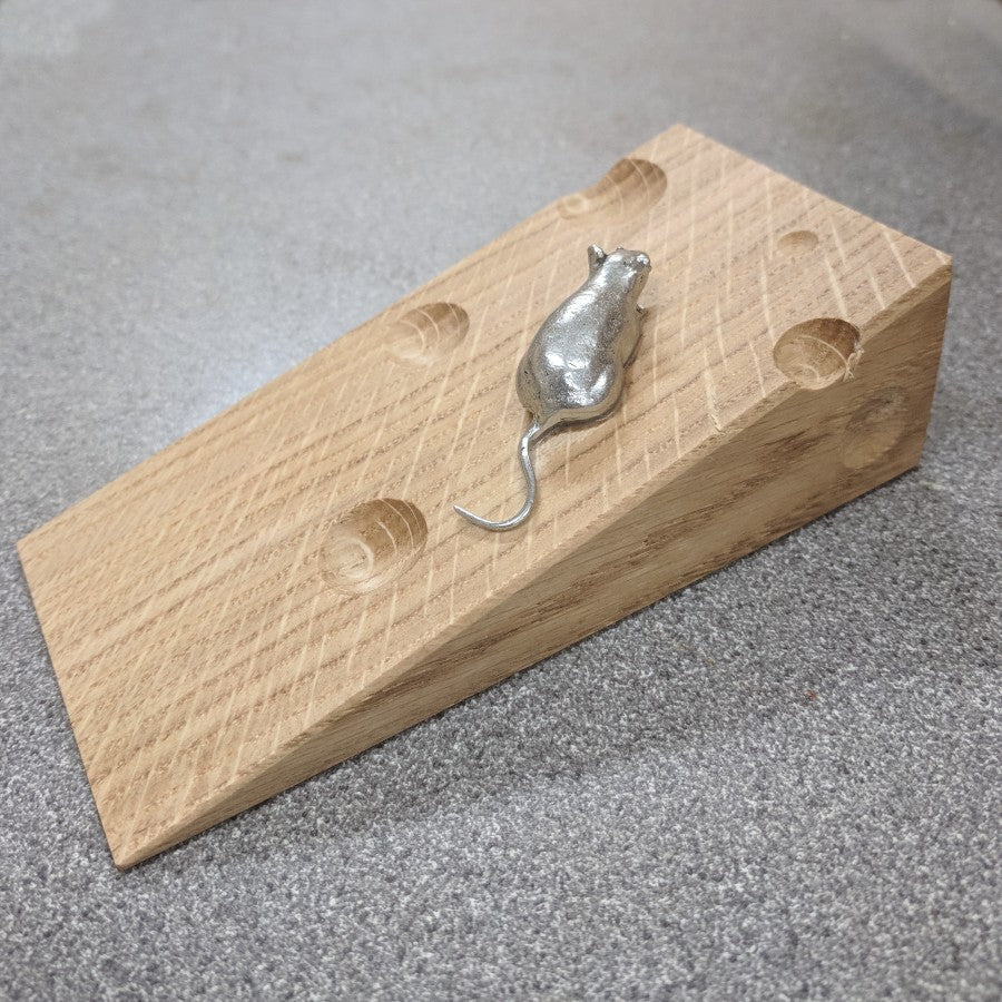 Oak Door Stop with Pewter Mouse